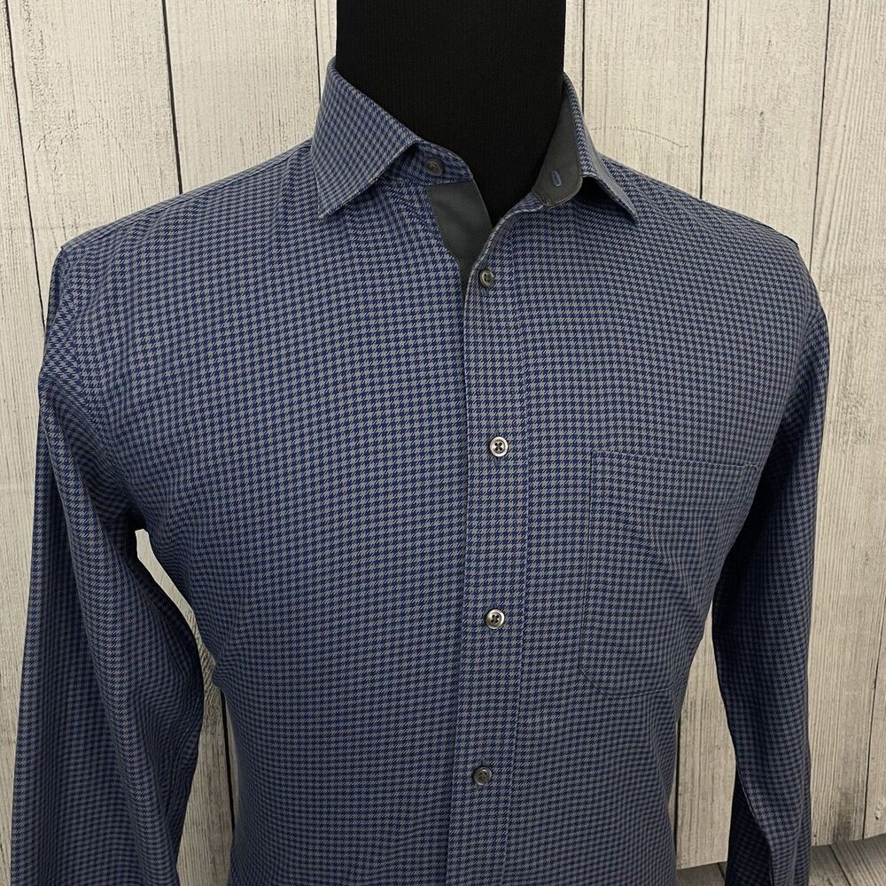 Paul Fredrick Mens Size 16 Blue Houndstooth Slim Fit Non-Iron Button-Front Shirt - Picture 3 of 7